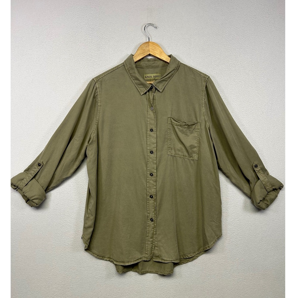 Boho Earthy Knox Rose Womens L Olive Green Lyocell Roll Tab Button Up Shirt
